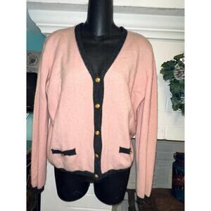 VINTAGE NEIMAN MARCUS PINK BLACK BORDERED CASHMERE CARDIGAN SWEATER L.